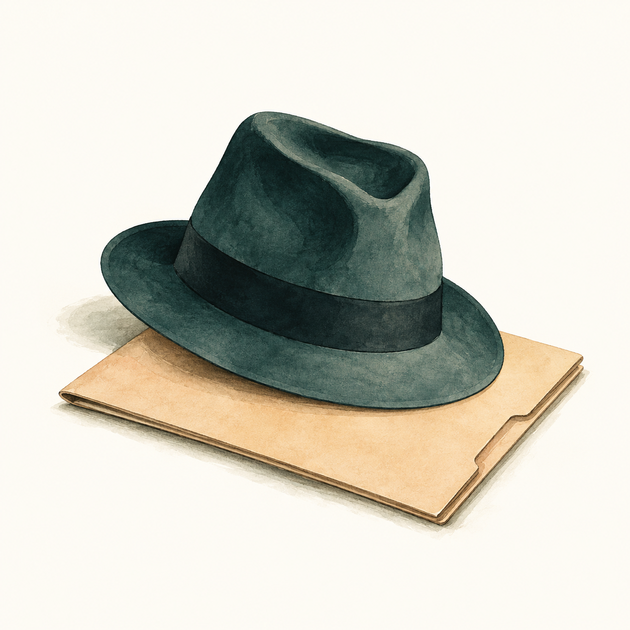 A detective’s hat resting on a closed folder